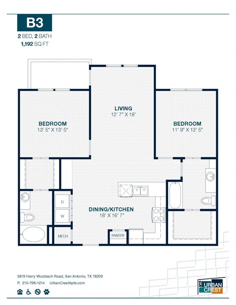 2 bed 2 bath B3 Floor Plan at Urban Crest Apartments, San Antonio, 78209