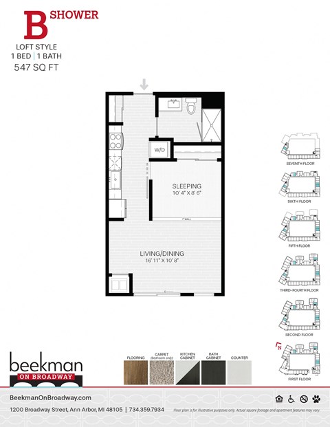 2 bed 2 bath B Shower Floor Plan at Beekman on Broadway, Michigan, 48105