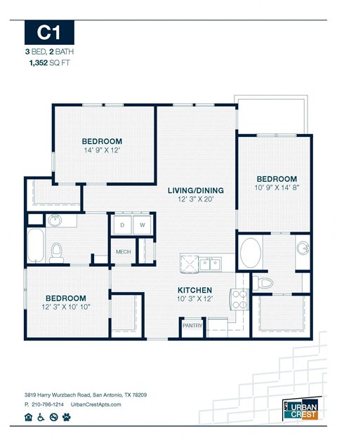 3 bed 2 bath C1 Floor Plan at Urban Crest Apartments, San Antonio, Texas