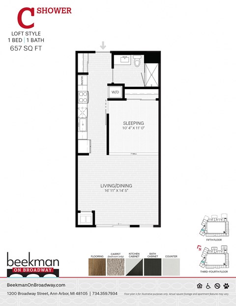 2 bed 2 bath C Shower Floor Plan 2 bed 2 bath C Shower Floor Plan at Beekman on Broadway, Ann Arbor, MI, 48105