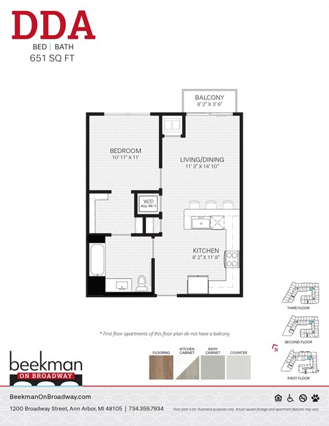 2 bed 1 bath a floor plan of a bedroom apartment at Beekman on Broadway, Ann Arbor, Michigan