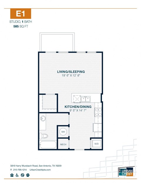 Studio 1 bath E1 Floor Plan at Urban Crest Apartments, San Antonio, Texas