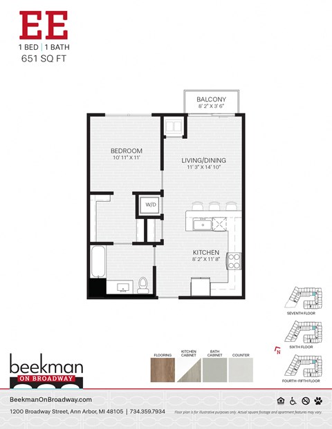 2 bed 1 bath EE Floor Plan at Beekman on Broadway, Ann Arbor, MI