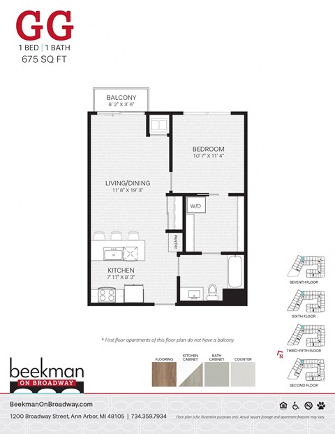 2 bed 1 bath a floor plan of a bedroom apartment at Beekman on Broadway, Ann Arbor, MI, 48105
