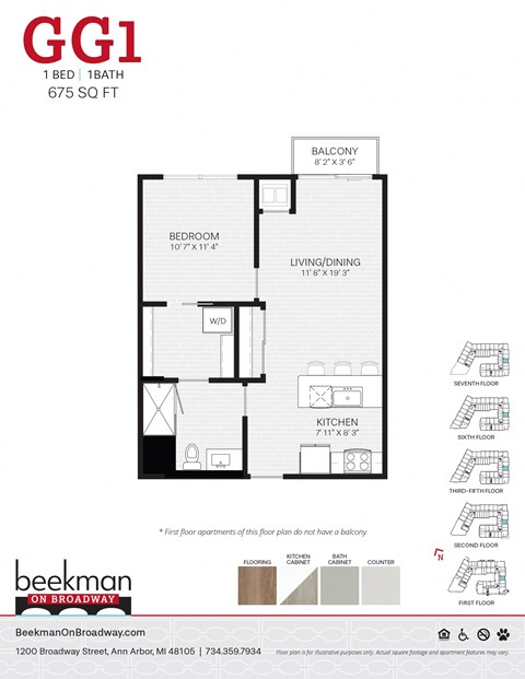 2 bed 1 bath the floor plan of gg 1 bed apt at Beekman on Broadway, Michigan, 48105