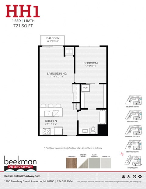 2 bed 1 bath a floor plan of a bedroom apartment at Beekman on Broadway, Michigan, 48105