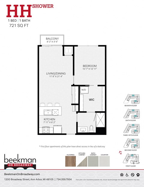 2 bed 1 bath a floor plan of a bedroom apartment at Beekman on Broadway, Michigan, 48105
