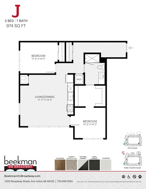 2 bed 1 bath J Floor Plan 2 bed 1 bath J Floor Plan at Beekman on Broadway, Michigan, 48105