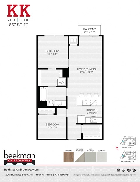 2 bed 1 bath the floor plan of k residence 2nd floor at Beekman on Broadway, Michigan, 48105