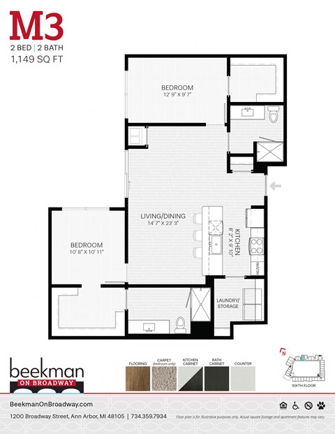 2 bed 2 bath M3 Floor Plan 2 bed 2 bath M3 Floor Plan at Beekman on Broadway, Ann Arbor, MI