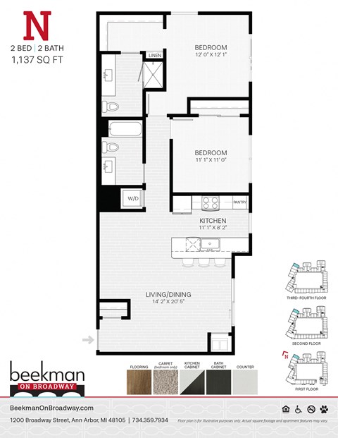 2 bed 2 bath N Floor Plan 2 bed 2 bath N Floor Plan at Beekman on Broadway, Ann Arbor, MI, 48105