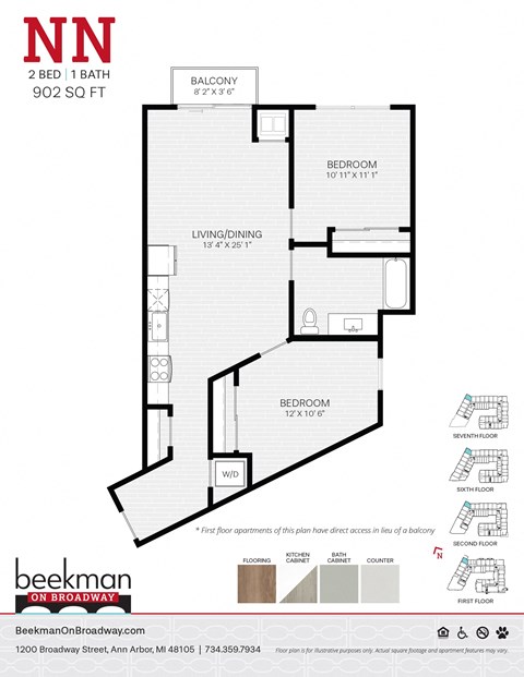 2 bed 1 bath a floor plan of a bedroom apartment at Beekman on Broadway, Ann Arbor