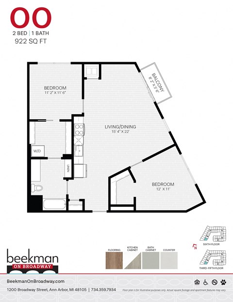 2 bed 1 bath OO Floor Plan at Beekman on Broadway, Ann Arbor, Michigan