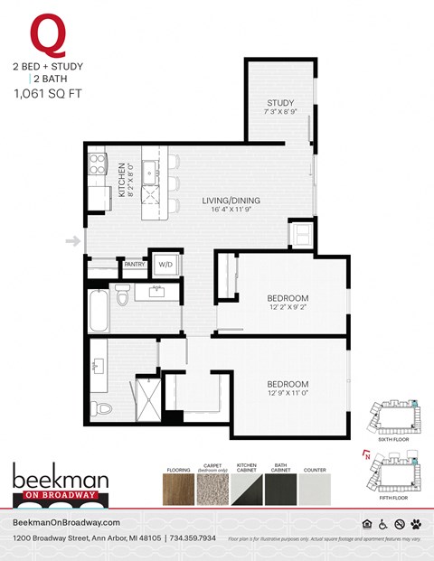 2 bed 2 bath Q Floor Plan 2 bed 2 bath Q Floor Plan at Beekman on Broadway, Ann Arbor, Michigan
