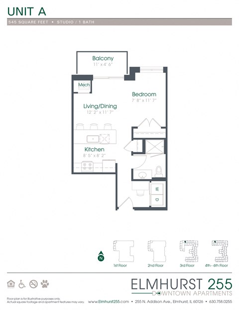 1 bed 1 bath a floor plan for a unit with a bedroom and a bathroom  at Elmhurst 255, Elmhurst, IL