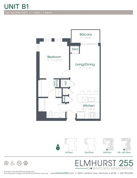 1 bed 1 bath a floor plan of a bedroom apartment  at Elmhurst 255, Elmhurst, IL