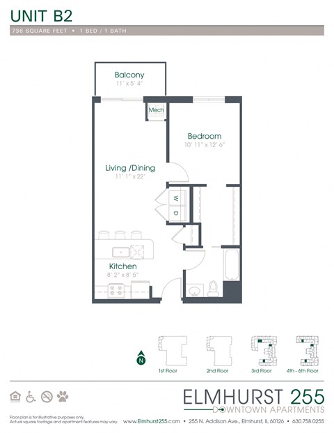 1 bed 1 bath a floor plan for a unit with a bedroom and a bathroom  at Elmhurst 255, Elmhurst, IL, 60126