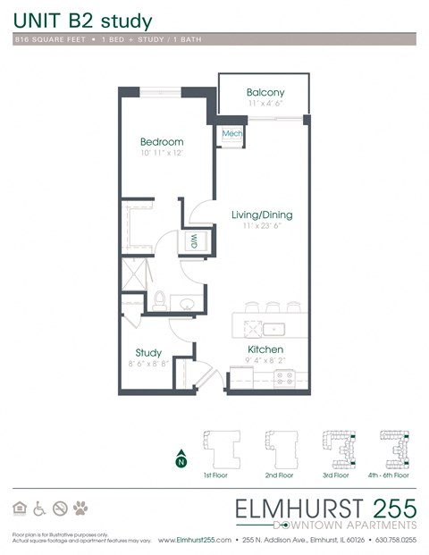 1 bed 1 bath a floor plan for a unit with a bedroom and a bathroom  at Elmhurst 255, Elmhurst