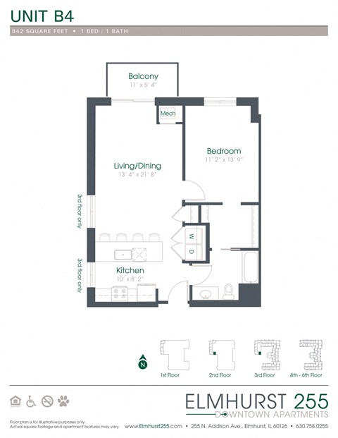 1 bed 1 bath a floor plan of a unit with a bedroom and a bathroom  at Elmhurst 255, Elmhurst, 60126