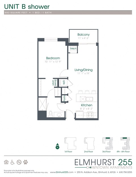 1 bed 1 bath a floor plan for a unit with a bedroom and a bathroom  at Elmhurst 255, Illinois, 60126