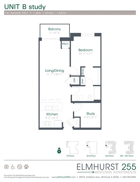 1 bed 1 bath this floor plan is an approximation of a unit b study  at Elmhurst 255, Elmhurst, IL, 60126