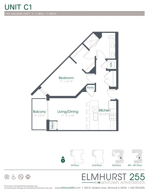 1 bed 1 bath a floor plan of unit c1 of the elmhurst apartments  at Elmhurst 255, Elmhurst, 60126