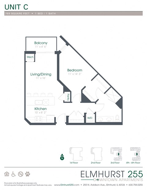 1 bed 1 bath a floor plan for a unit with a bedroom and a bathroom  at Elmhurst 255, Elmhurst, IL, 60126