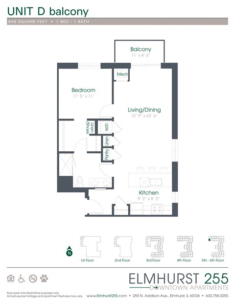 1 bed 1 bath a floor plan for a unit with a bedroom and a bathroom  at Elmhurst 255, Elmhurst, IL, 60126