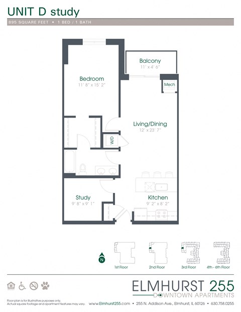 1 bed 1 bath a floor plan for a unit with a bedroom and a bathroom  at Elmhurst 255, Elmhurst, Illinois