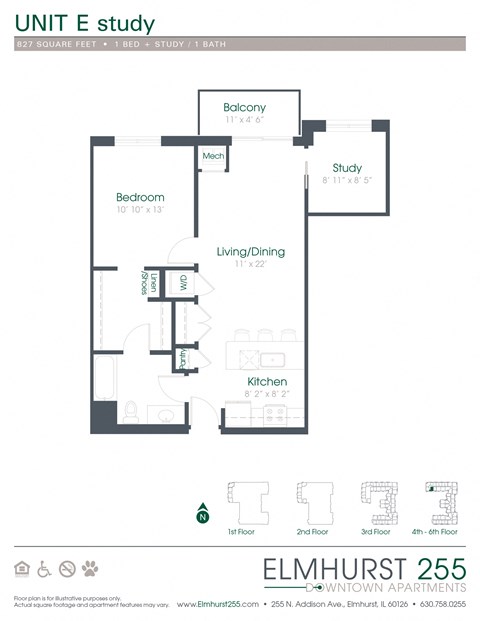 1 bed 1.5 batha floor plan for a unit with a bedroom and a bathroom  at Elmhurst 255, Illinois, 60126