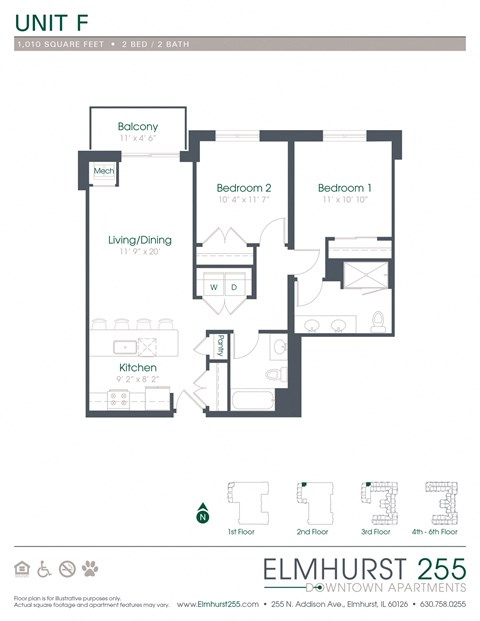 2 bed 2 bath a floor plan for a unit with a bedroom and a living room  at Elmhurst 255, Elmhurst, Illinois
