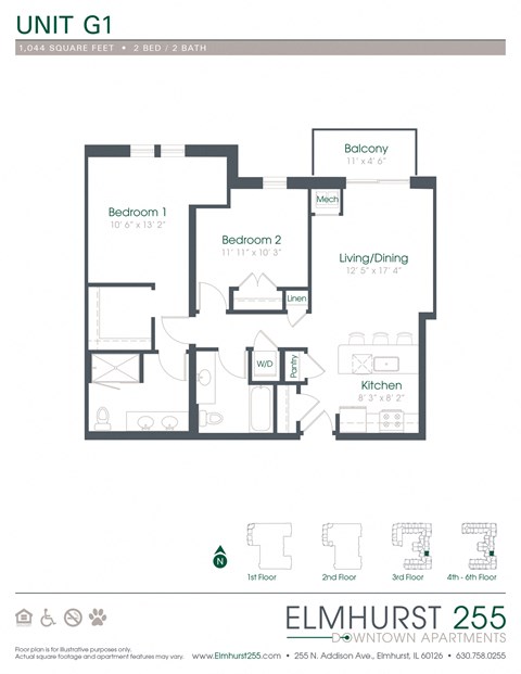 2 bed 2 bath a floor plan for a unit with a bedroom and a bathroom  at Elmhurst 255, Elmhurst, 60126