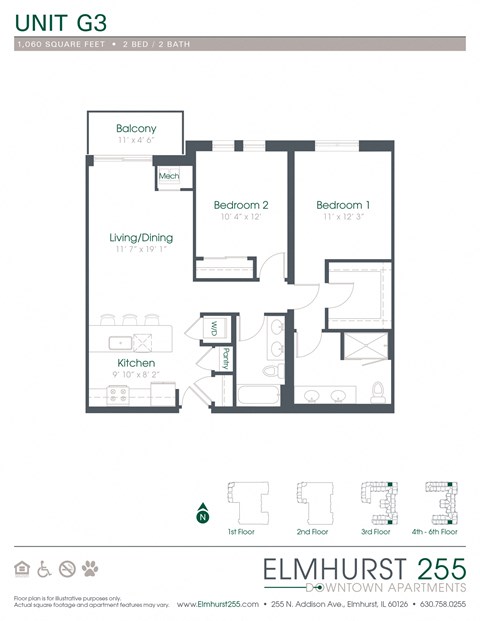 2 bed 2 bath a floor plan for a unit with a bedroom and a bathroom  at Elmhurst 255, Illinois