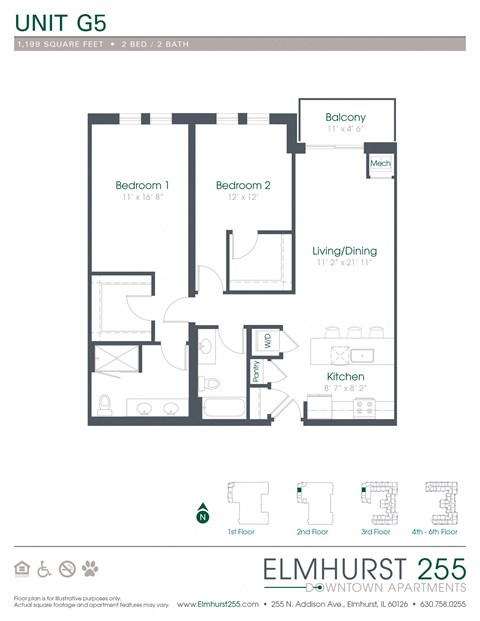 2 bed 2 bath a floor plan for a unit with a bedroom and a bathroom  at Elmhurst 255, Elmhurst, IL, 60126
