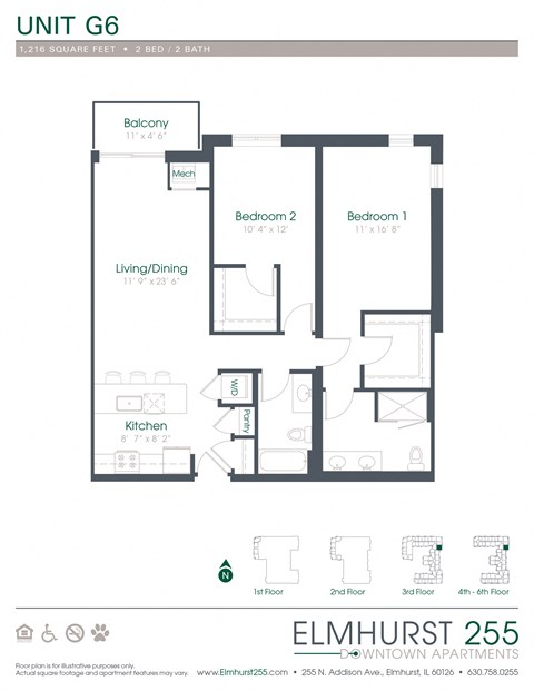 2 bed 2 bath this is a floor plan of a unit with bedrooms and baths  at Elmhurst 255, Elmhurst, Illinois