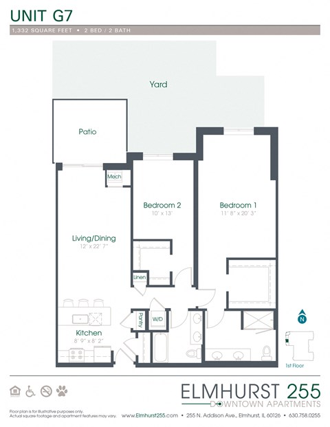 2 bed 2 bath this is a floor plan of our apartment  at Elmhurst 255, Elmhurst, IL