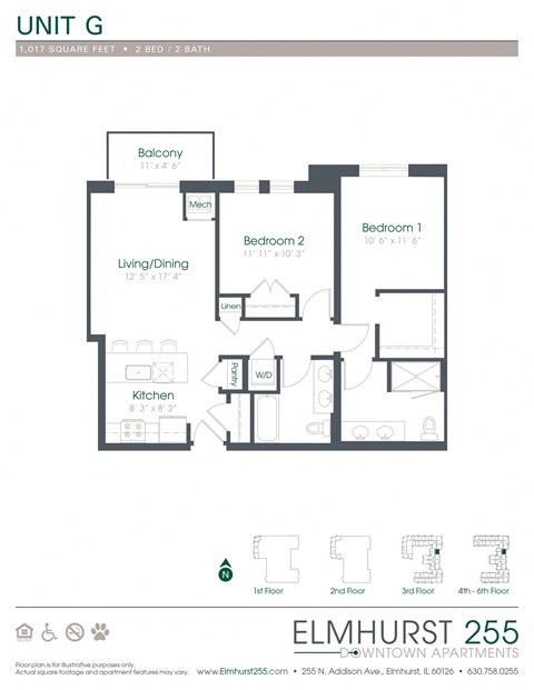 2 bed 2 bath a floor plan for a unit with a bedroom and a living room  at Elmhurst 255, Elmhurst, IL, 60126