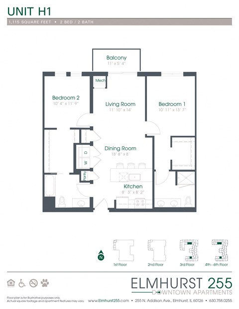 2 bed 2 bath a floor plan for a unit with a bedroom and a living room  at Elmhurst 255, Elmhurst, IL