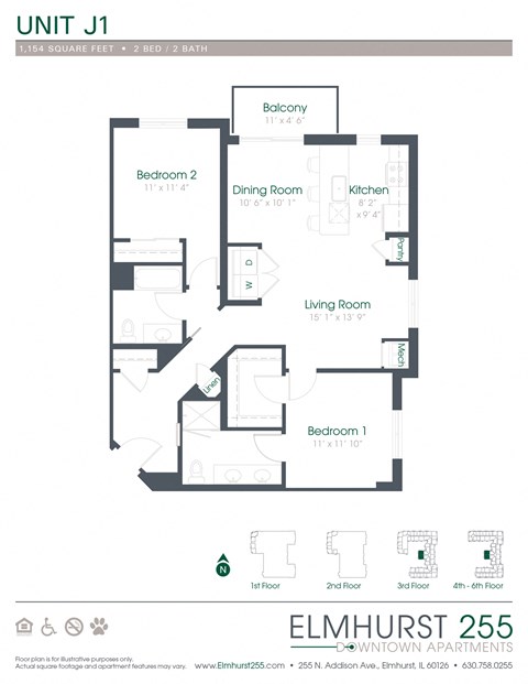2 bed 2 bath a floor plan of a unit with a bedroom and a living room  at Elmhurst 255, Elmhurst, Illinois