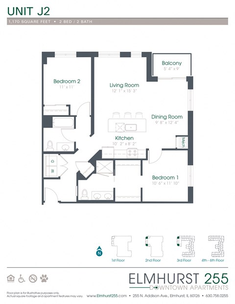 2 bed 2 bath a floor plan of a unit with a bedroom and a living room  at Elmhurst 255, Elmhurst, Illinois