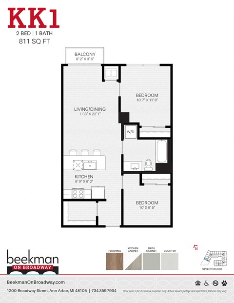 2 bed 1 bath KK1 Floor Plan 2 bed 1 bath KK1 Floor Plan at Beekman on Broadway, Ann Arbor, 48105