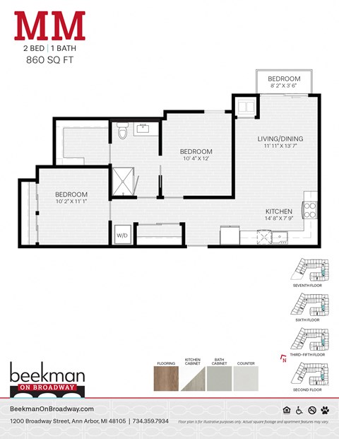 2 bed 1 bath MM Floor Plan 2 bed 1 bath MM Floor Plan at Beekman on Broadway, Michigan, 48105