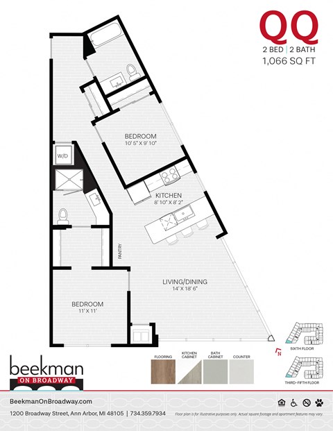 2 bed 1 bath QQ Floor Plan 2 bed 1 bath QQ Floor Plan at Beekman on Broadway, Ann Arbor, 48105