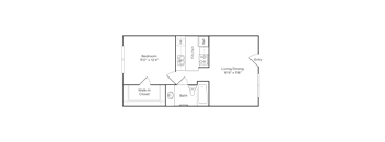 A floor plan of a small apartment with a bedroom, living/dining area, and a walk-in closet.