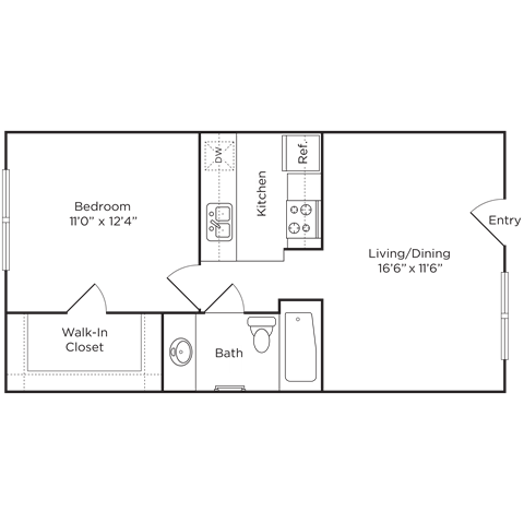 A floor plan of a small apartment with a bedroom, living/dining area, and a walk-in closet.