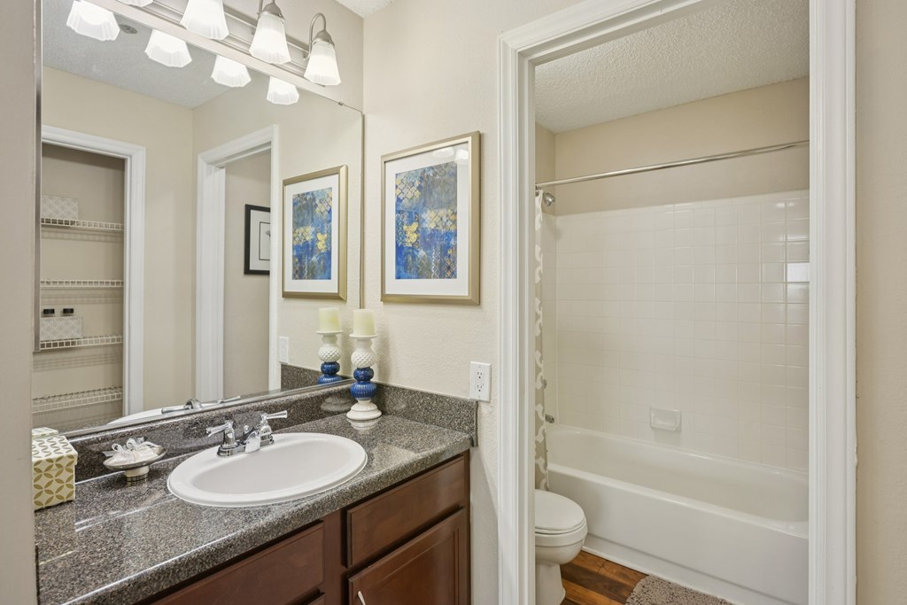 A bathroom with a sink, mirror, and shower.