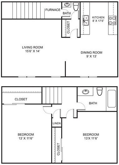 A floor plan of a two-bedroom apartment with a living room, dining room, kitchen, and bathroom.