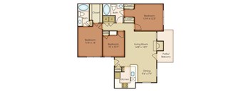 A floor plan of a house with three bedrooms, a living room, a dining area, a kitchen, a bathroom, and a patio/balcony.
