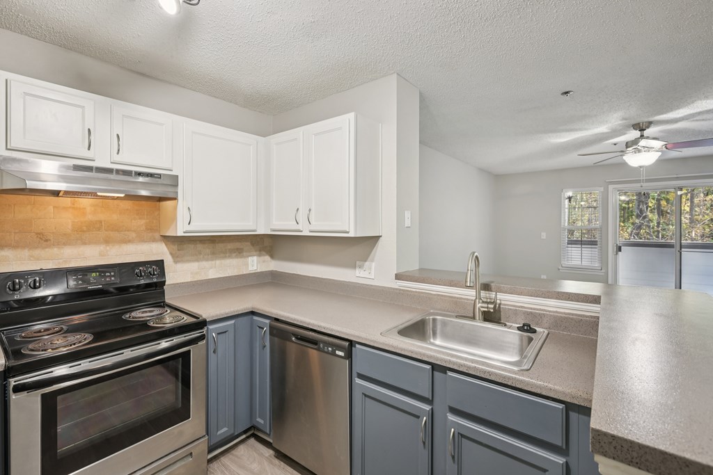 A kitchen with a stove, sink, and cabinets.