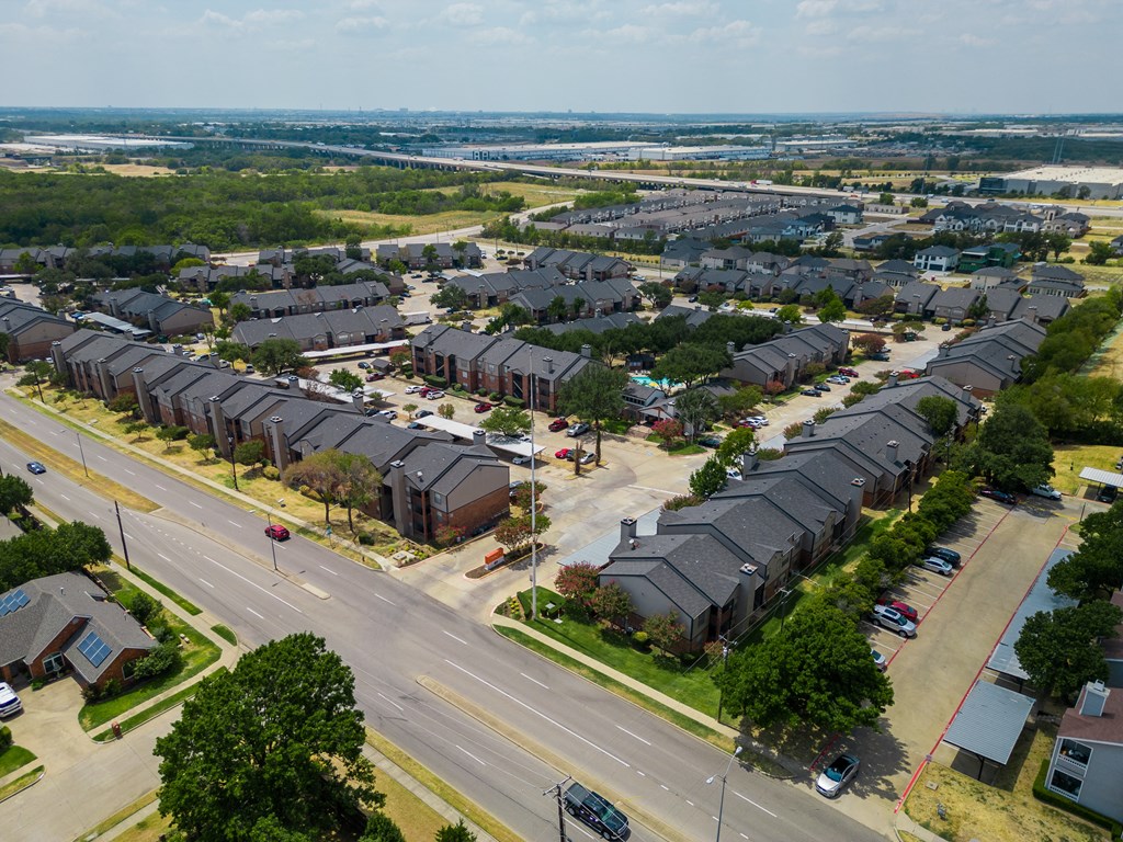 Aerial view of neighborhood at Trinity Apartments, Texas, 75061